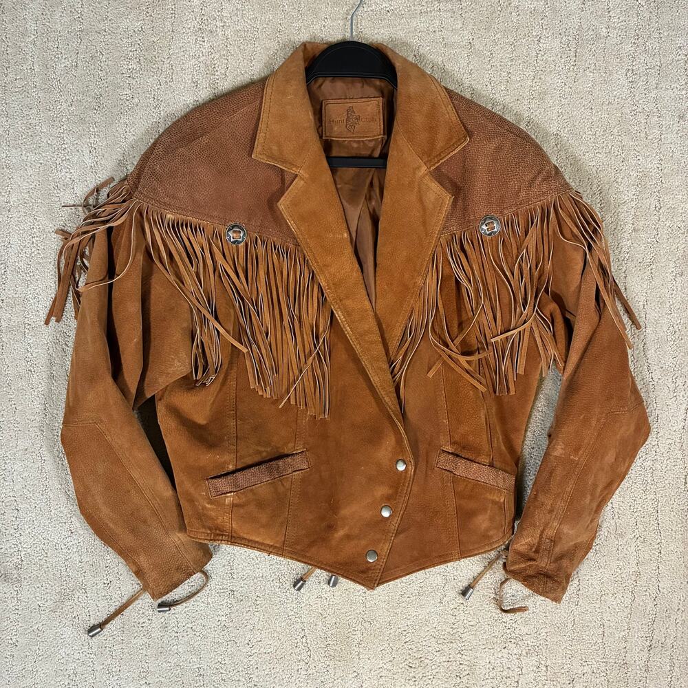 Vintage 80s Hunt Club Leather Fringe Conch Western Cropped Jacket Women S Retro